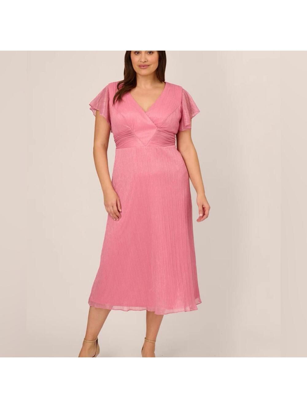 Adrianna Papell Crinkle Mesh Midi Dress Flutter Sleeves Faded Rose 10 Cocktail